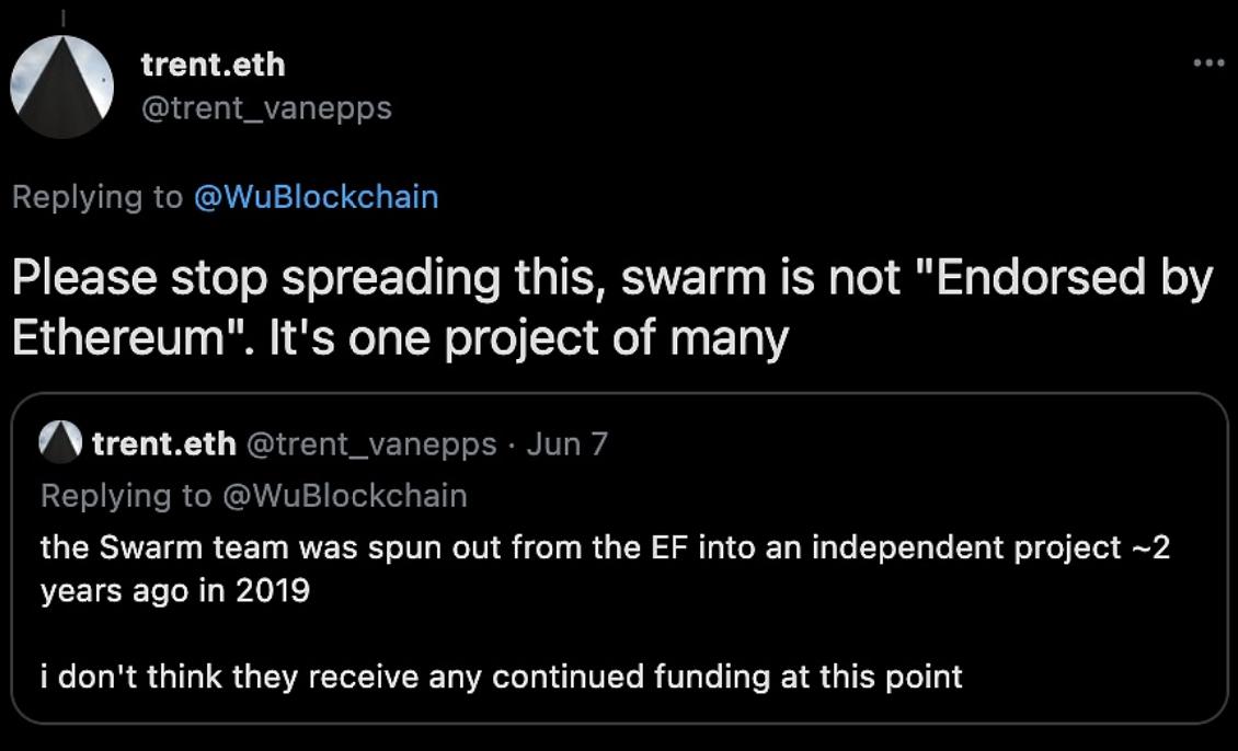 以太坊开发者：SWARM已于2019年从以太坊基金会拆分独立