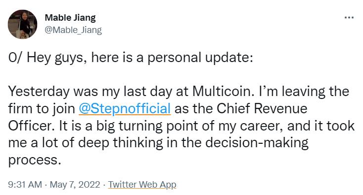 Multicoin Capital 合伙人 Mable Jiang 宣布离职并加入 StepN 担任首席营收官