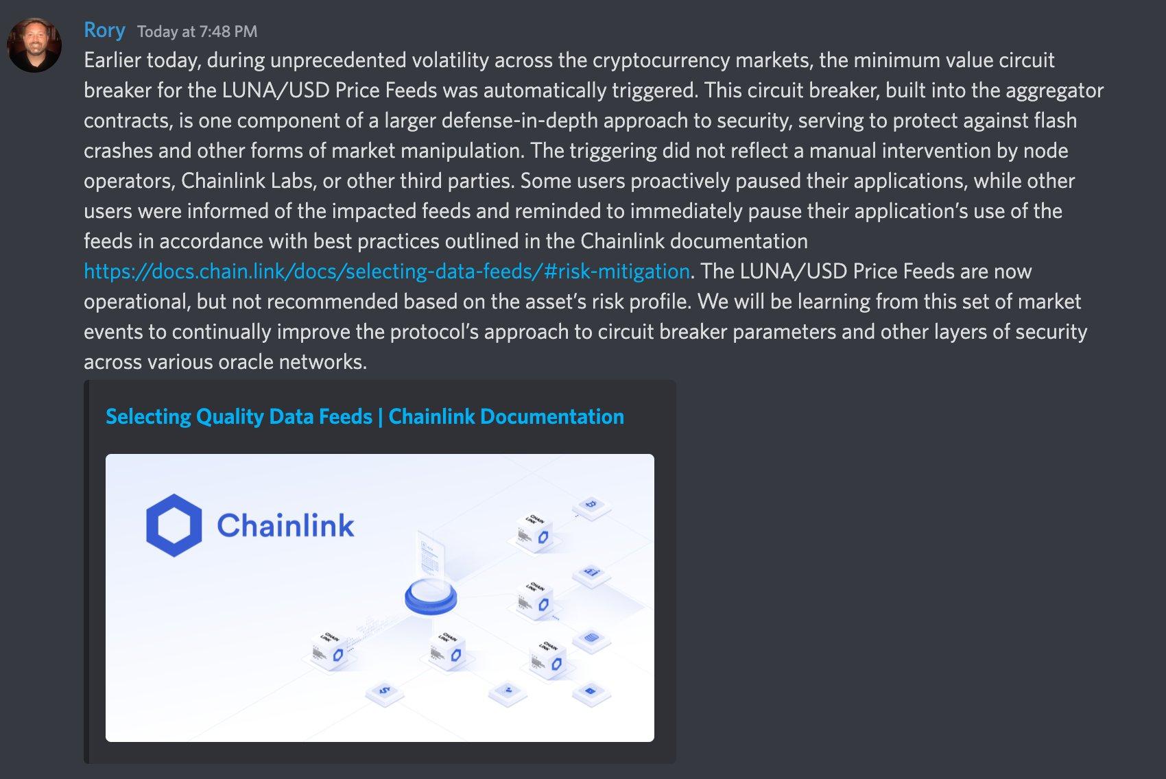 Chainlink回应LUNA预言机事件：最小精度熔断机制被自动触发，将吸取经验教训