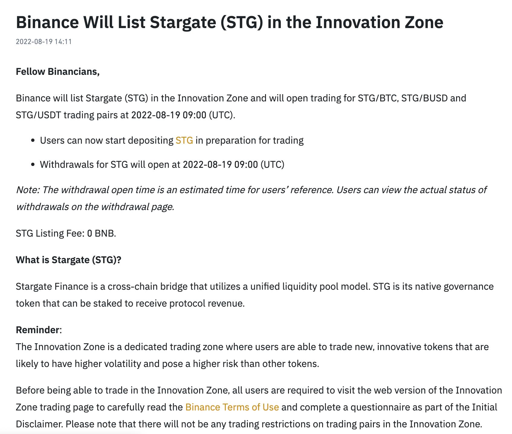 币安创新区将于 8 月 19 日 17:00 上线 Stargate（STG）