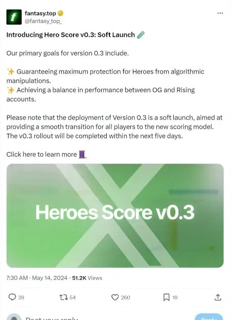 fantasy.top 將於 5 天內推出 Hero Score v0.3 版本 - ChainCatcher